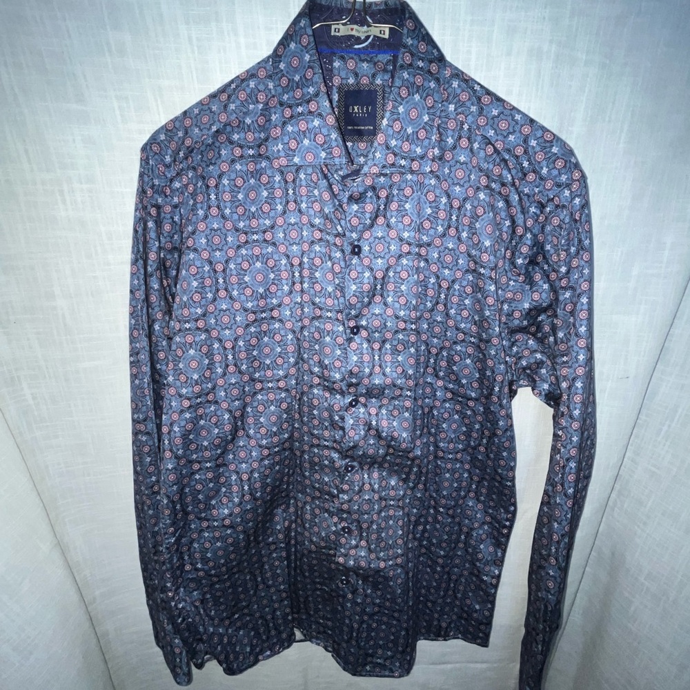Oxley Paris Men's Blue Premium Cotton Geometric fitted Dress Shirt Med Career